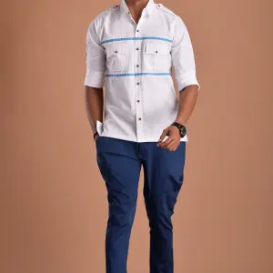 White Hunting Shirt Blue Strip - Premium Sophisticated Style | Jaipurio